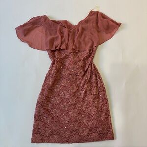 Connected Apparel Pink Lace Sparkle Off The Shoulder Dress